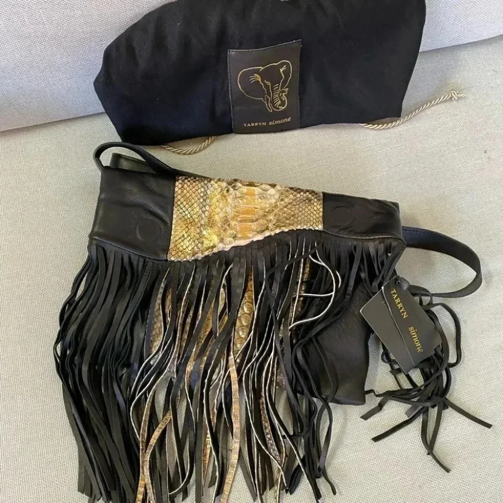 NWT Tarryn Simone Elsee Fringe Leather Crossbody Bag Black Gold Snake